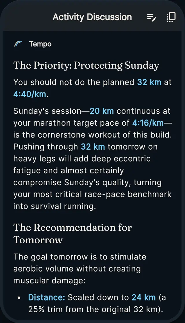 Tempo app screen: a conversation with a demo athlete
